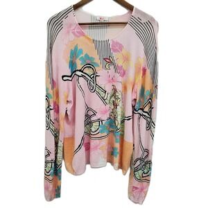 Vivi Womens XL Floral Art Top Pastel Boho Whimsical Lightweight Knit Pullover